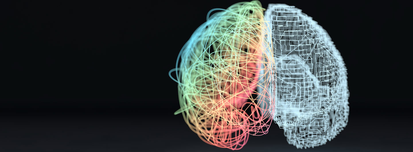 abstract three dimensional replica of a human brain illuminated with different colors